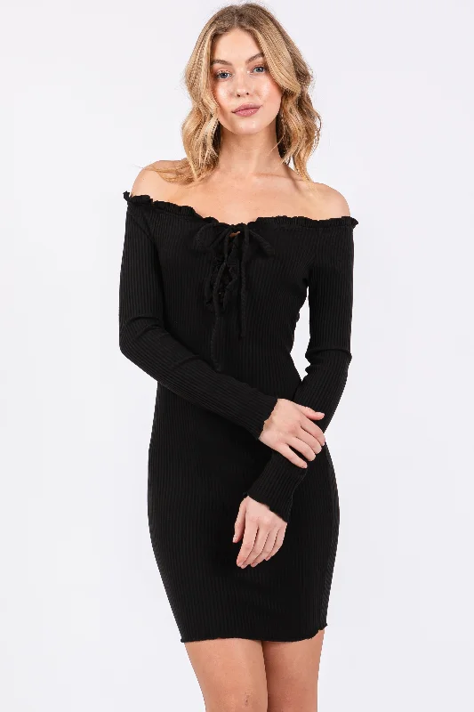 Black Ruffle Off Shoulder Fitted Mini Dress