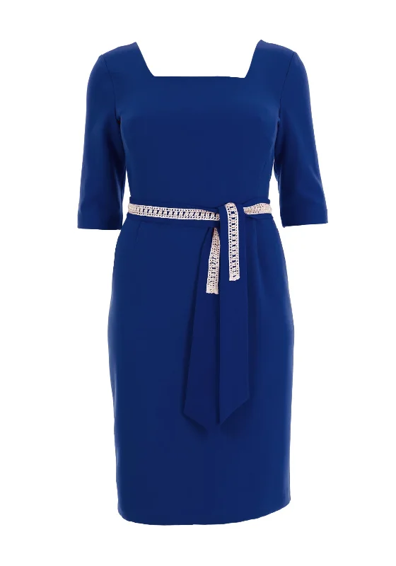 Cassandra Cao Square Neck Belted Dress, Royal