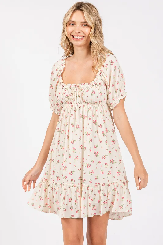 Cream Floral Babydoll Ruffled Mini Dress