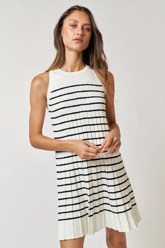 Cream Striped Sleeveless Pleated Mini Dress