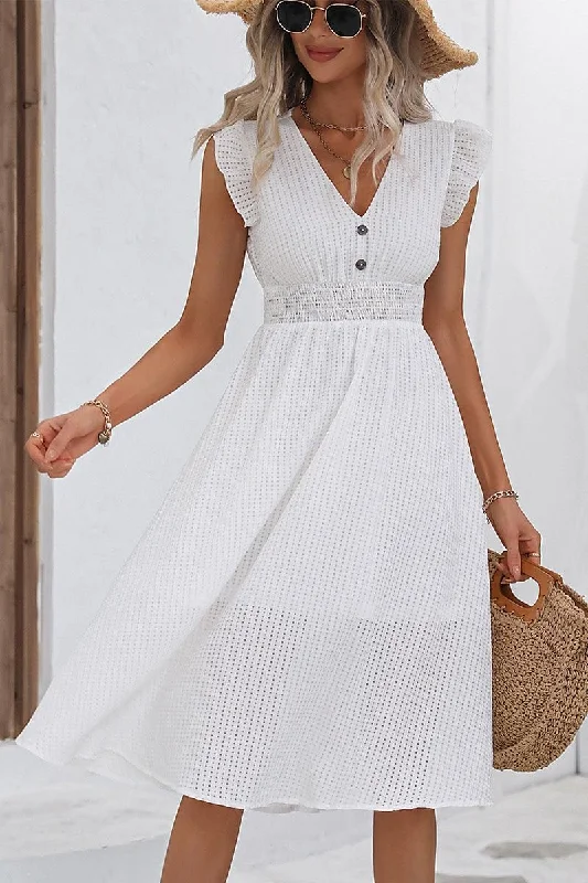 WOMEN FRILL ANGEL SLEEVE V NECK MESH MIDI DRESS