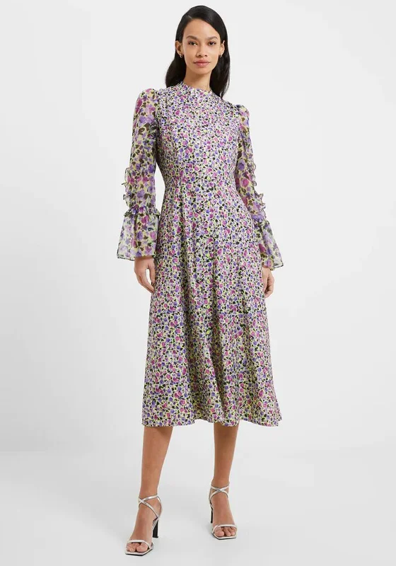 French Connection Alezzia Sheer Sleeve Floral Midi Dress, Sharp Green