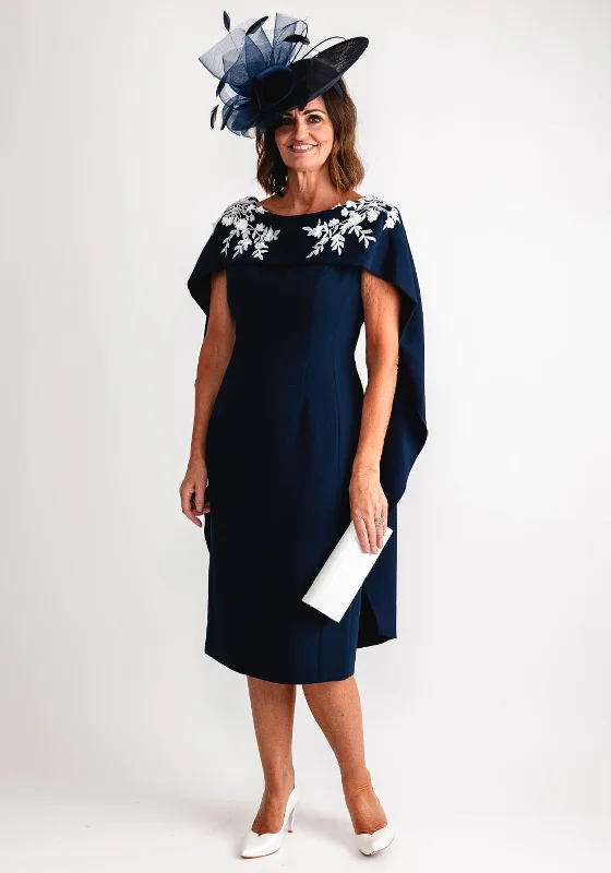 John Charles Floral Applique Cape Neckline Dress, Navy