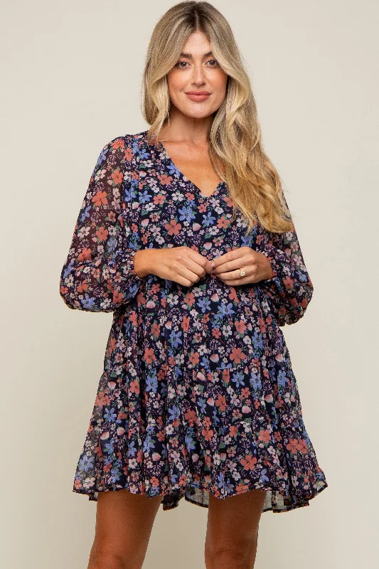 Navy Floral Chiffon Maternity Mini Dress