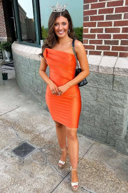 Orange Strapless Pleated Bodycon Homecoming Dress