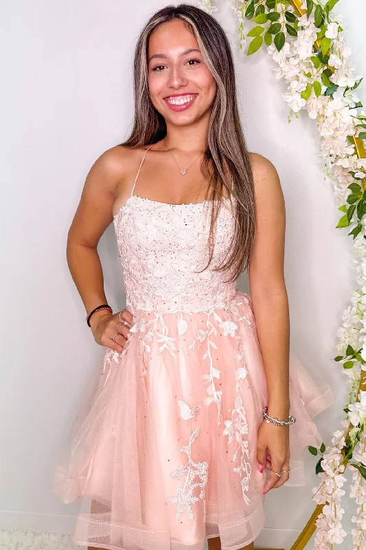 Pink Lace-Up Appliques A-line Tulle Homecoming Dress