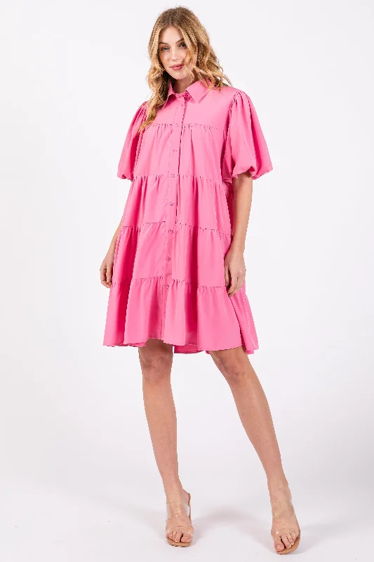 Pink Puff Sleeve Mini Shirt Dress