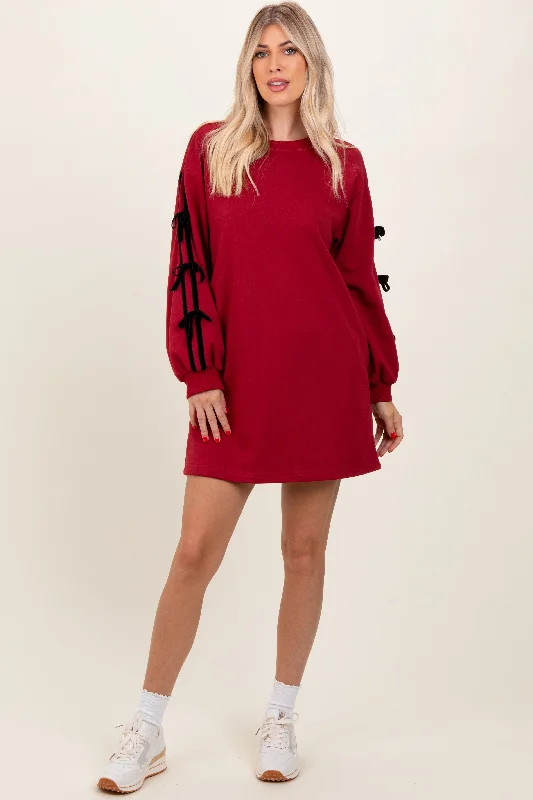 Red Bow Detail Long Sleeve Sweatshirt Mini Dress