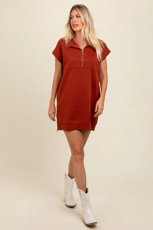 Rust Knit Half Zip Mini Dress