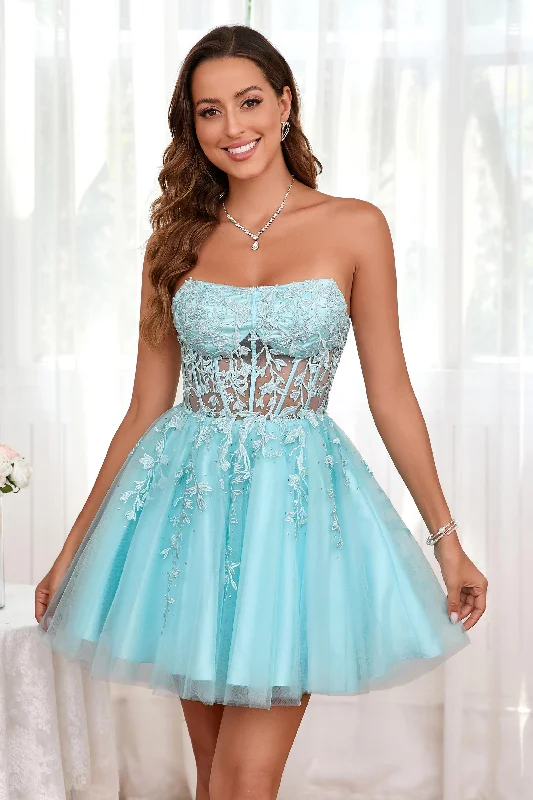 Strapless Applique See-through Tulle Mini Dress