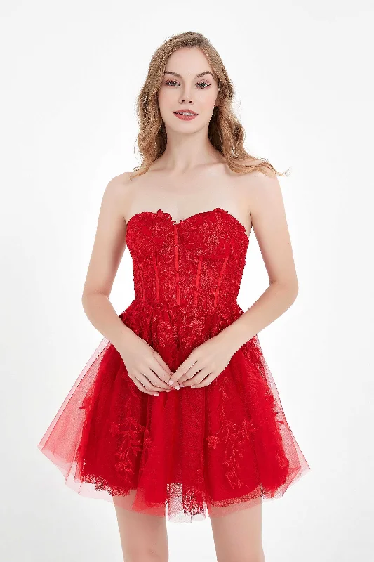 Strapless Sweetheart Neck Lace Applique Mini Dress