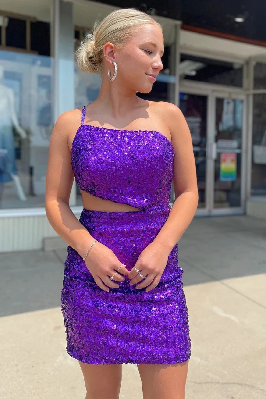 Straps One Shoulder Purple Sequins Homecoming Dress