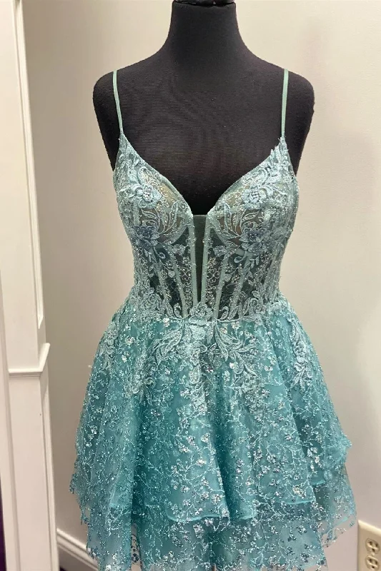 Tiffany Blue Plunging V Neck Straps Multi-Layers Appliques Homecoming Dress