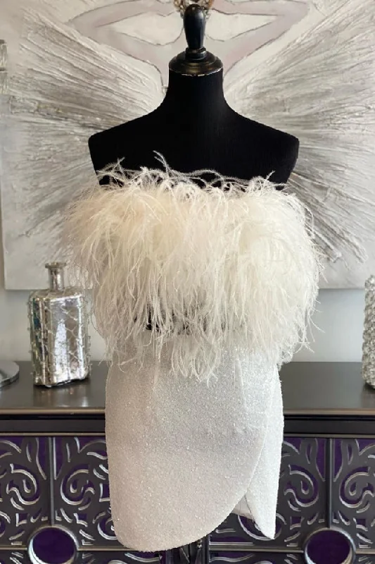 Two Piece White Feathers Short Homecoming Dress