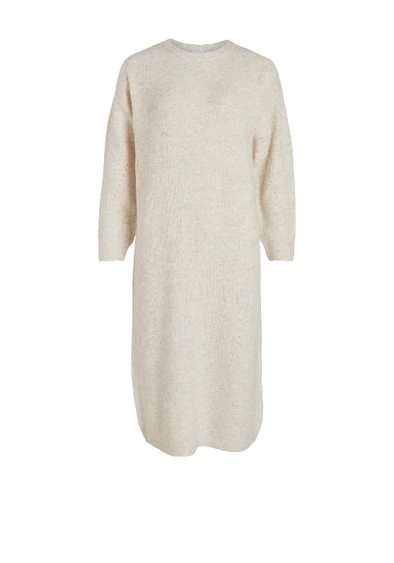 Vila Cilia Knitted Midi Jumper Dress, Natural Melange