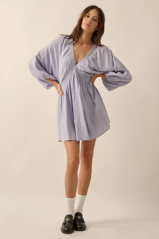 Violet Blue Crinkle Cotton V-Neck Dolman-Sleeve Mini Dress