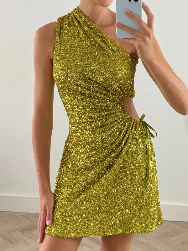 Ayla One Shoulder Mini Dress / Lime Sequin