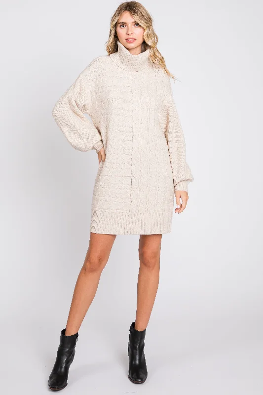 Beige Cable Knit Mini Sweater Dress