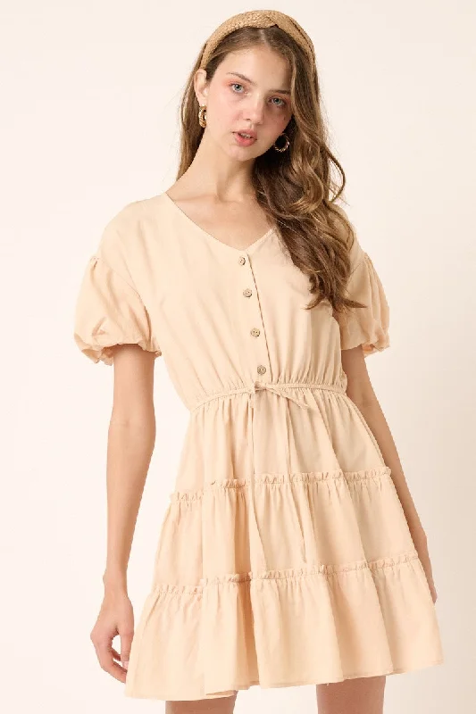 Beige Puff Sleeve Detail Mini Dress