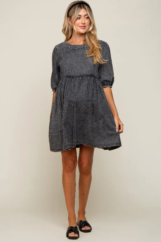 Black Faded Denim Chambray Maternity Mini Dress