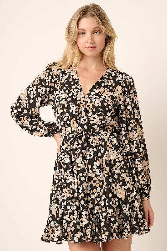 Black Flower Print Surplice Godet Detail Mini Dress