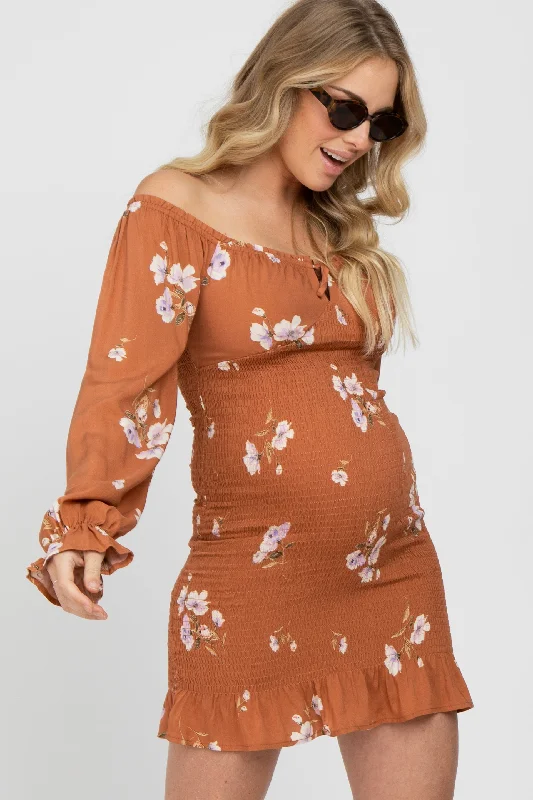 Camel Floral Long Sleeve Smocked Maternity Mini Dress