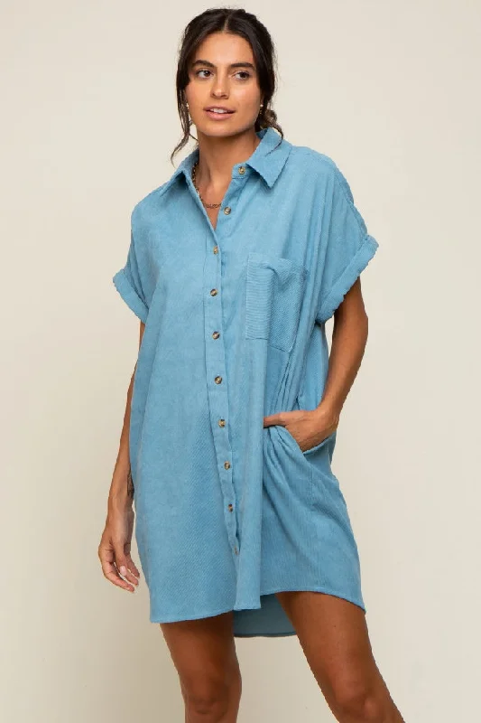 Light Blue Ribbed Button Down Mini Dress