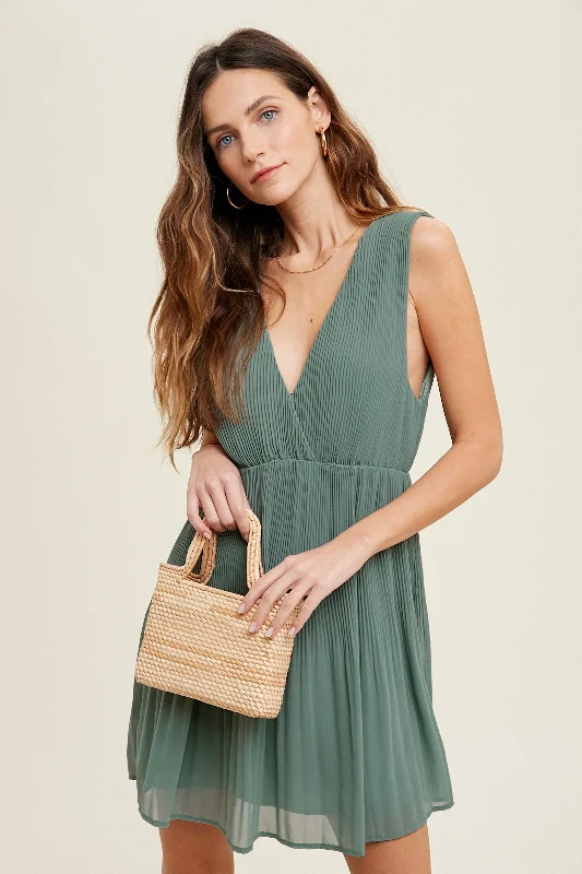 Pistachio Pleated Mini Dress With Self Back Tie Detail