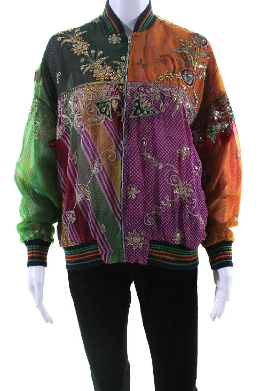 Ashish Womens Salvaged Sari Patchwork Sequin Bomber Jacket Multicolor