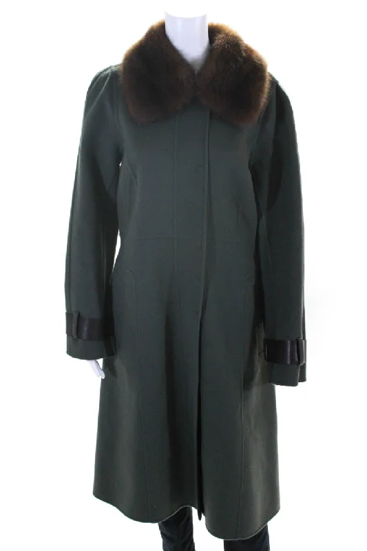 J. Mendel Womens Genuine Fur Button Down Back Slit Coat Green