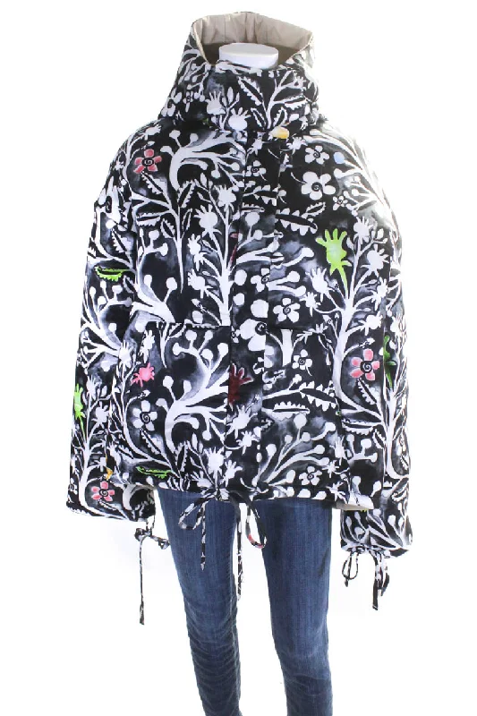 Rosie Assoulin Womens Reversible Floral Satin Puffer Coat Black White Medium