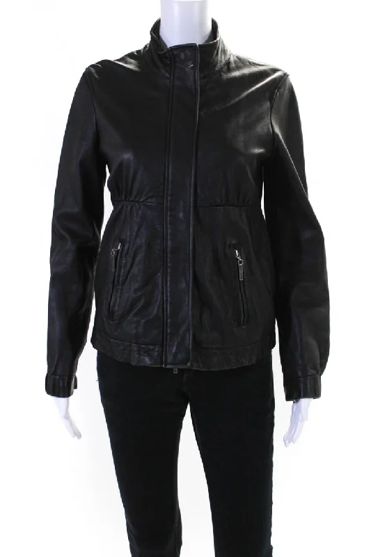 Vince Women's Long Sleeves Round Neck Full Zip Leather Jacket Black