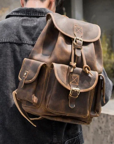 Dark Brown Cool Mens 13 inches Leather Backpacks Travel Backpacks Brown Laptop Backpack for men