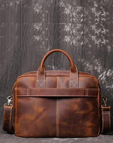 Brown Leather Men 14 inches Vintage Briefcase Handbag Dark Coffee Laptop Handbag Side Bag For Men