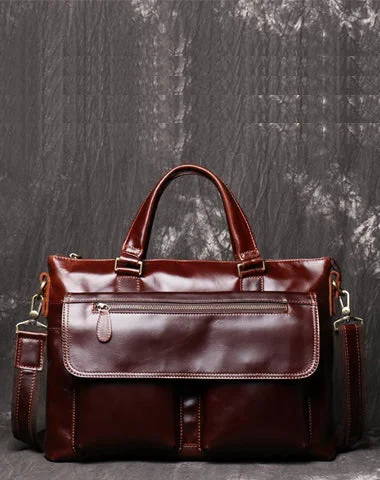 Red Brown Oily Leather Mens 14 inches Large Laptop Work Bag Handbag Briefcase Shoulder Bags Business Bags For Men