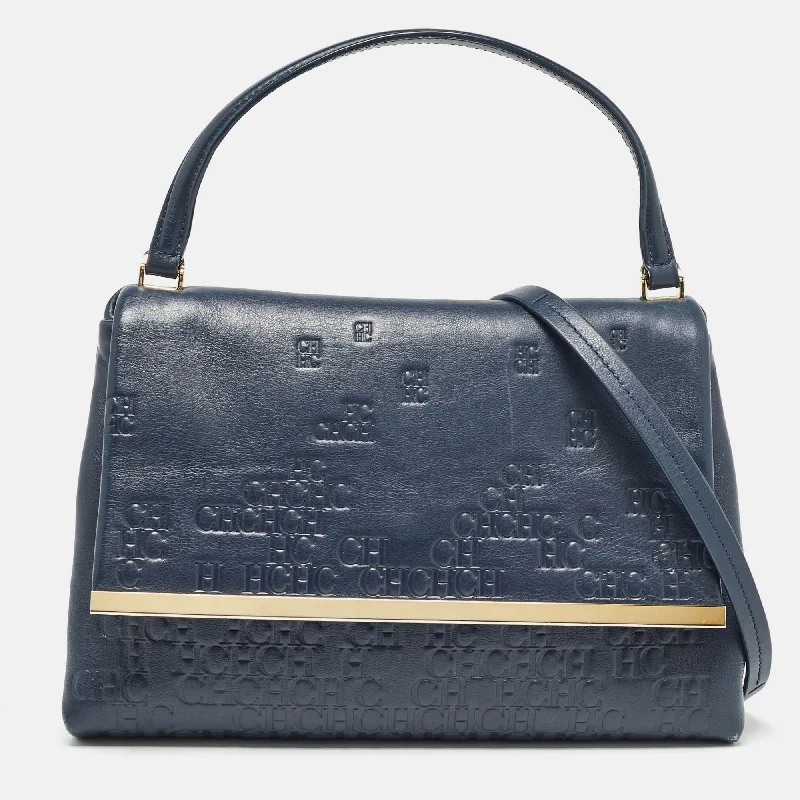 Ch Carolina Herrera Navy Monogram Embossed Leather Flap Top Handle Bag