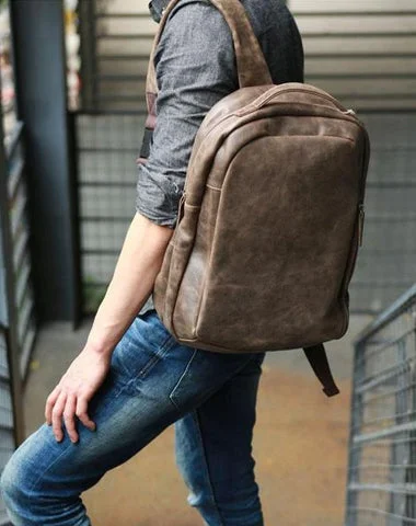 Coffee Leather Mens Backpacks Travel Backpacks Laptop Backpack for men