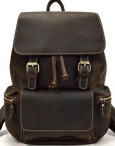 Cool Leather Black Coffee Mens Satchel Backpacks Travel Backpack 14inch Laptop Backpack for Men