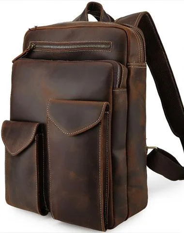 Cool Leather Dark Brown Mens Laptop Backpacks Vintage School Backpack Backpack Bag for Men