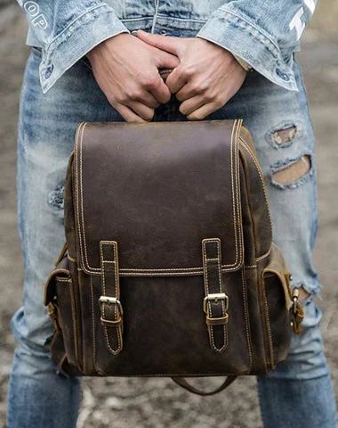 Dark Brown Cool Mens 15 inches Leather Computer Backpacks Travel Backpacks Laptop Backpack for men