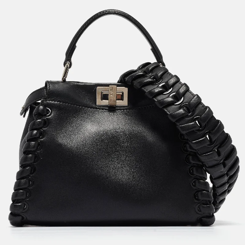 Fendi Black Leather Mini Whipstitched Peekaboo Top Handle Bag