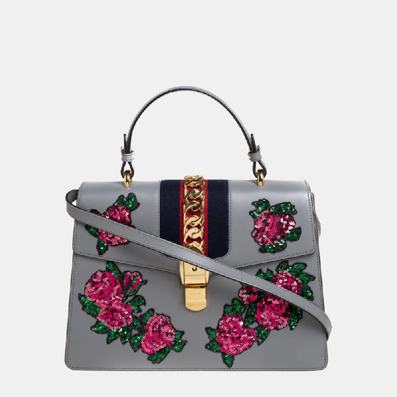 Gucci Floral Sequins Patch Leather Medium Sylvie Top Handle Bag