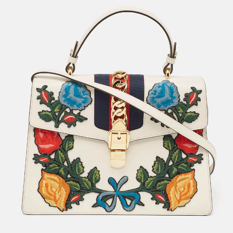 GucciLeather Floral Embroidered Medium Sylvie Top Handle Bag