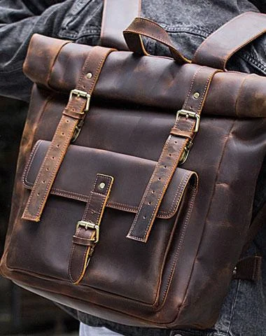 Cool Leather Coffee Rolltop Mens Backpacks Travel Backpack Vintage Backpack for Men