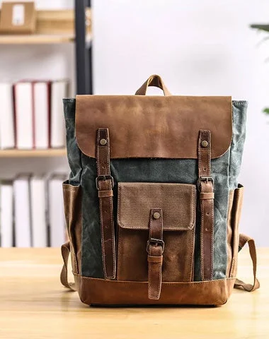 Lake Green Waxed Canvas Mens Large 15'' Laptop Backpack College Backpack Hiking Backpack for Men