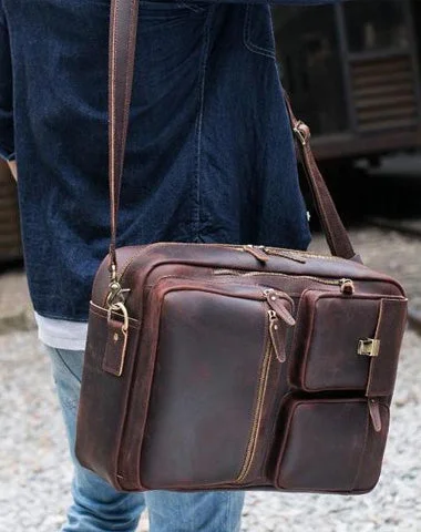 Large Brown Leather Mens Briefcase 15inch Laptop Backpack Work Bag Travel Bag For Men