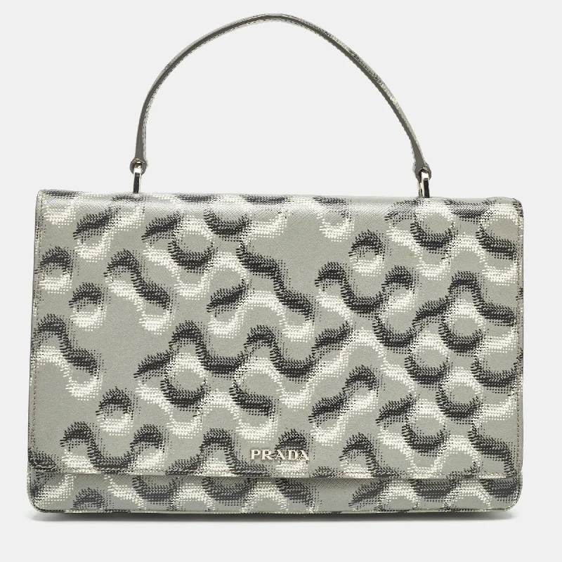 Prada Grey Molecule Print Leather Flap Top Handle Bag