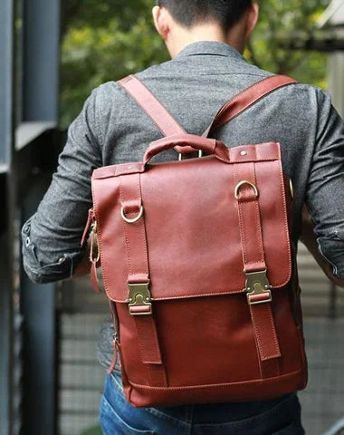 Red Brown Leather Mens Backpack Travel Backpacks Laptop Backpack for men