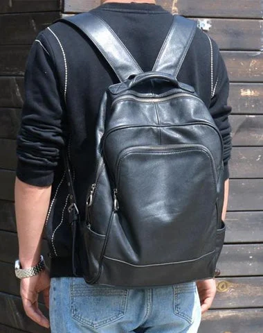 Cool Black Leather Mens Backpacks 15inch Laptop Backpacks School Backpack for Men