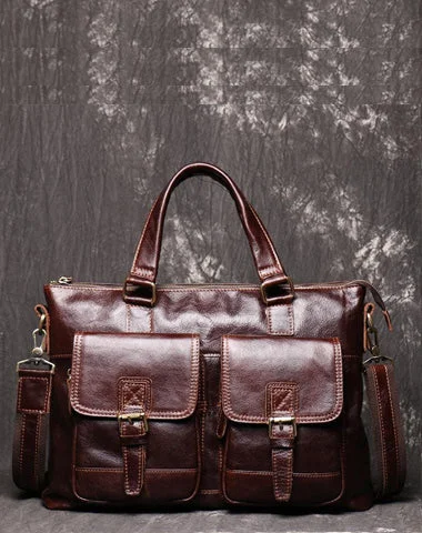 Oiled Leather Men's Red Brown Professional Briefcase 14‘’ Laptop Handbags Business Bag For Men